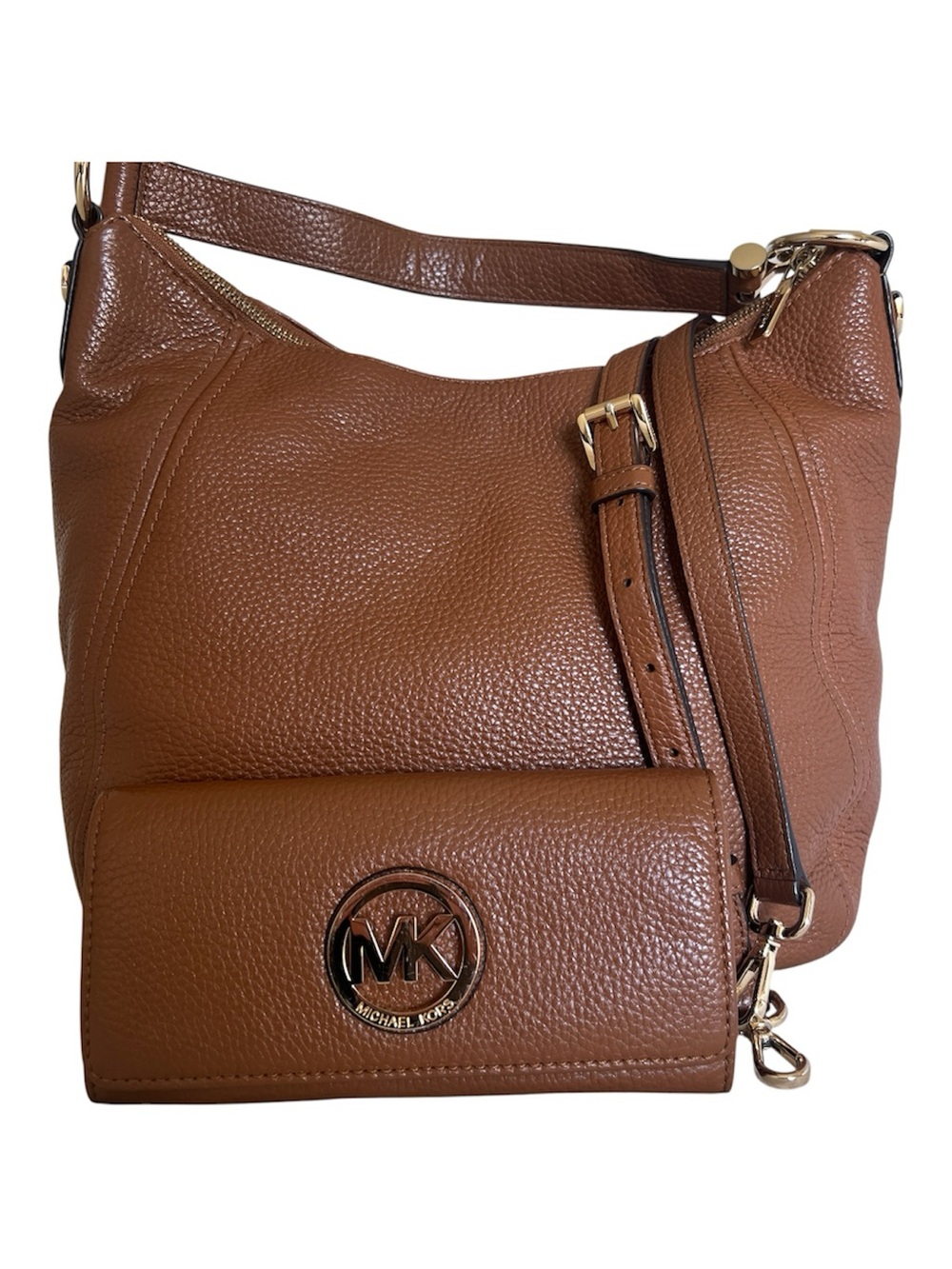 Michael Kors Tan Pebbled Leather Shoulder Bag with Matching Wallet Gold Hardware